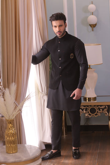 Black Color Golden Embroidered Waist Coat For Men